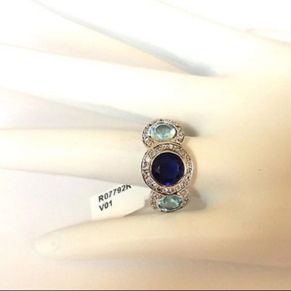 Silver Sapphire Victorian Gypsy Ring Size 10 Aquamarine Cubic Zirconia Rhodium - Picture 4 of 8